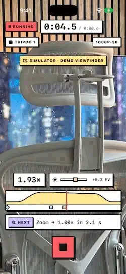 A run: three beeps, then the camera zooms and refocuses by itself while recording