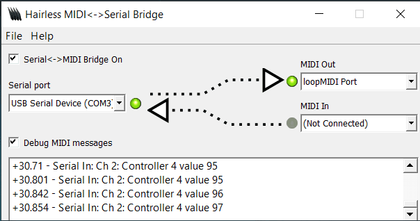 Hairless MIDI bridging the Arduino's serial port to a loopMIDI port