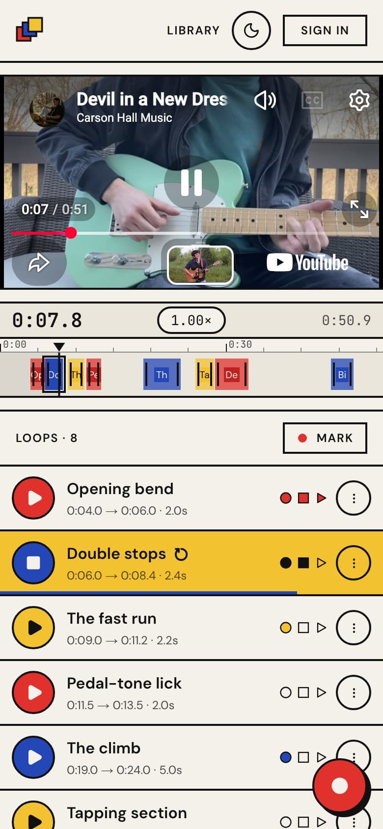 Ostinato on a phone: the video, the timeline and the loop list