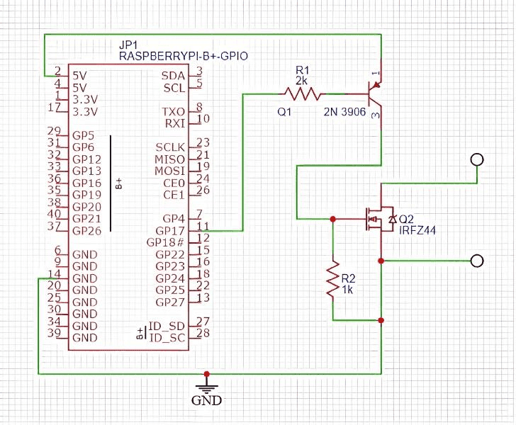 Schematic of the modulating circuit: Pi GPIO 17 through a 2k resistor into a 2N3906, driving the IRFZ44N gate with a 1k pull-down