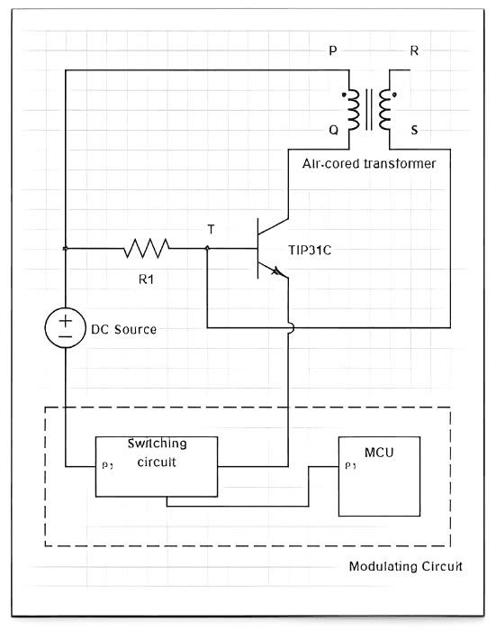 Schematic of the Slayer exciter transmitter: DC source, base resistor, TIP31C and the air-cored transformer, with the modulating circuit in series
