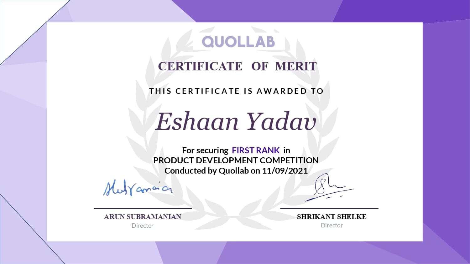 IEEE Quollab, Product Development Competition certificate