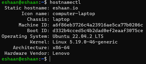 hostnamectl on the server: Ubuntu 22.04.2 LTS on a Lenovo laptop