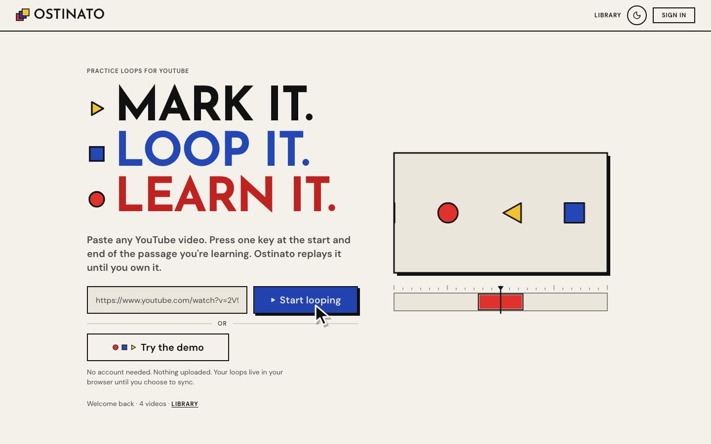 The Ostinato home page: "Mark it. Loop it. Learn it." beside an animated picture of a video and its timeline