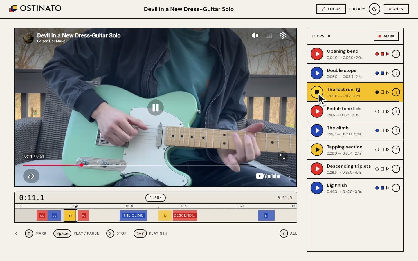 Practising a guitar solo: the video on the left, the loop list on the right, and a loop called "The fast run" repeating