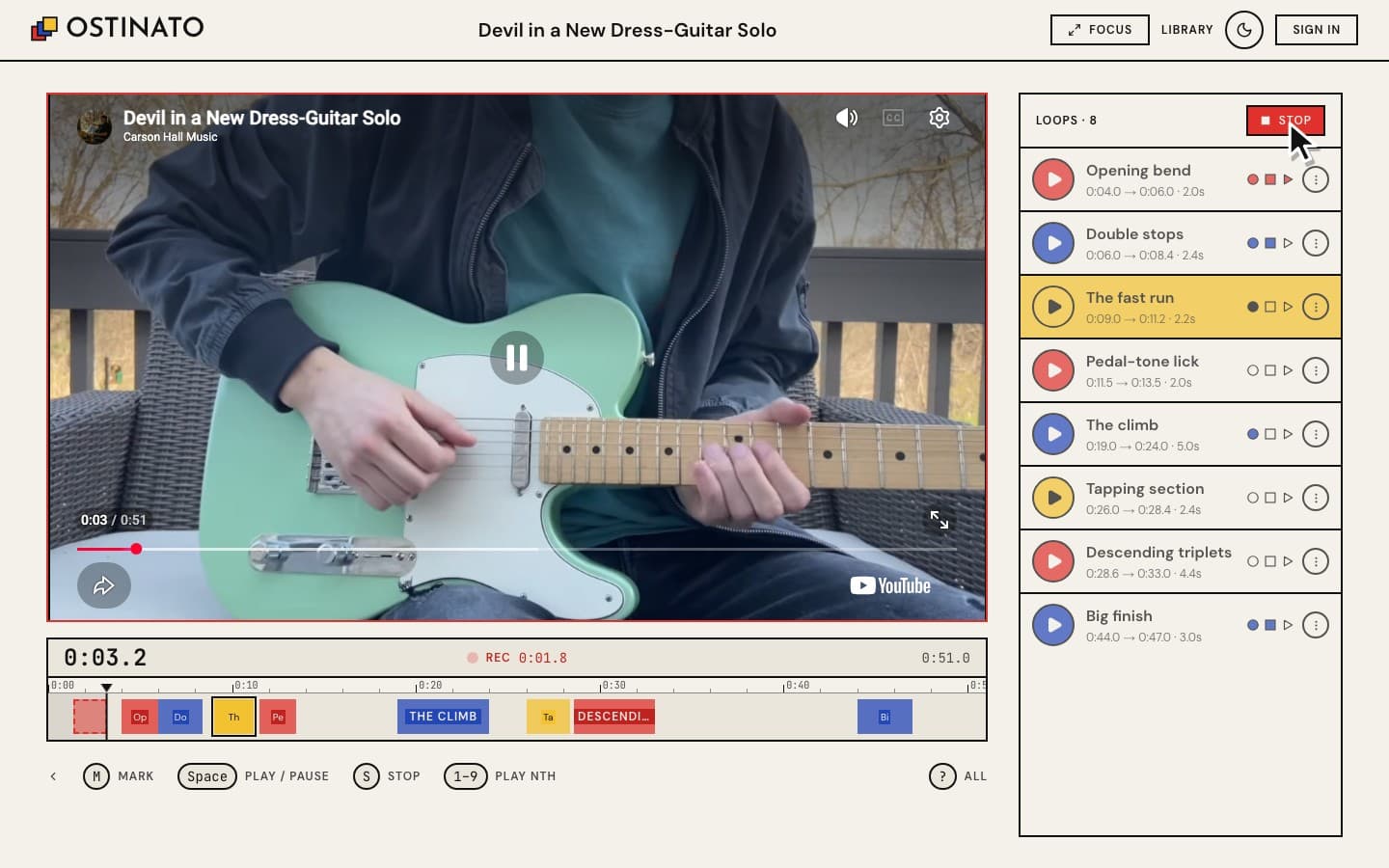 Marking a new loop: the video has a red outline and the timer reads "REC 0:01.8"