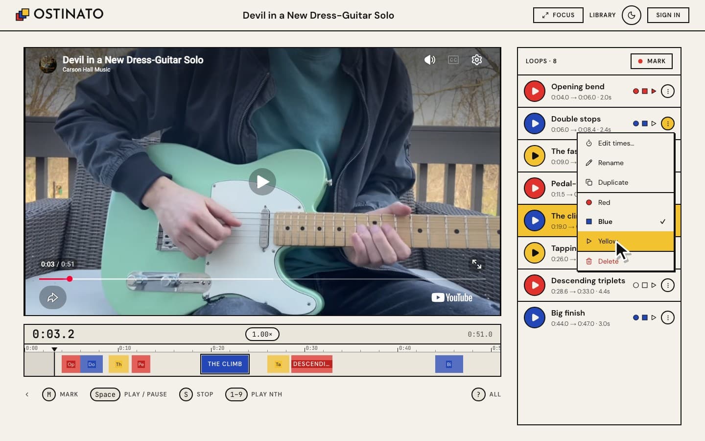 The loop menu open, showing Edit times, Rename, Duplicate, the three colours and Delete