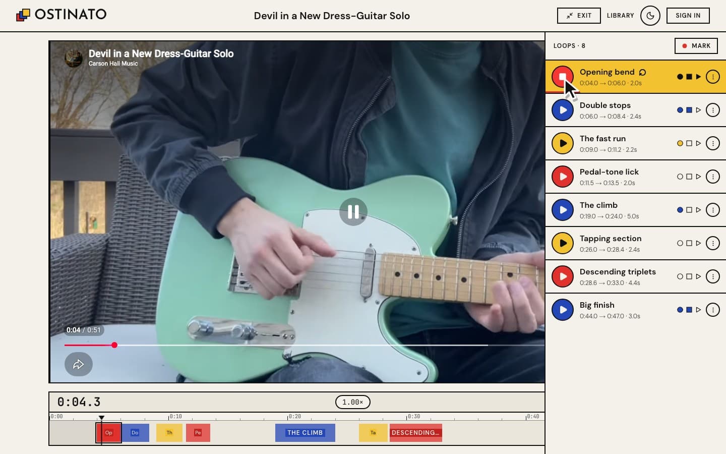 Focus mode: a larger video with the loop list in a drawer on the right